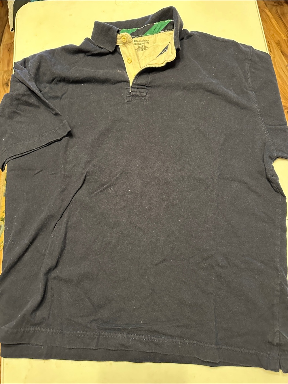 No Boundaries Men's Navy Polo with Cream Placket and Green Trim
